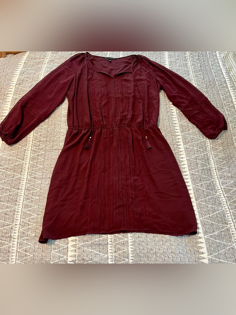 White House Black Market Burgundy Boho Dress XL Tassel Tie Waist Midi Peasant